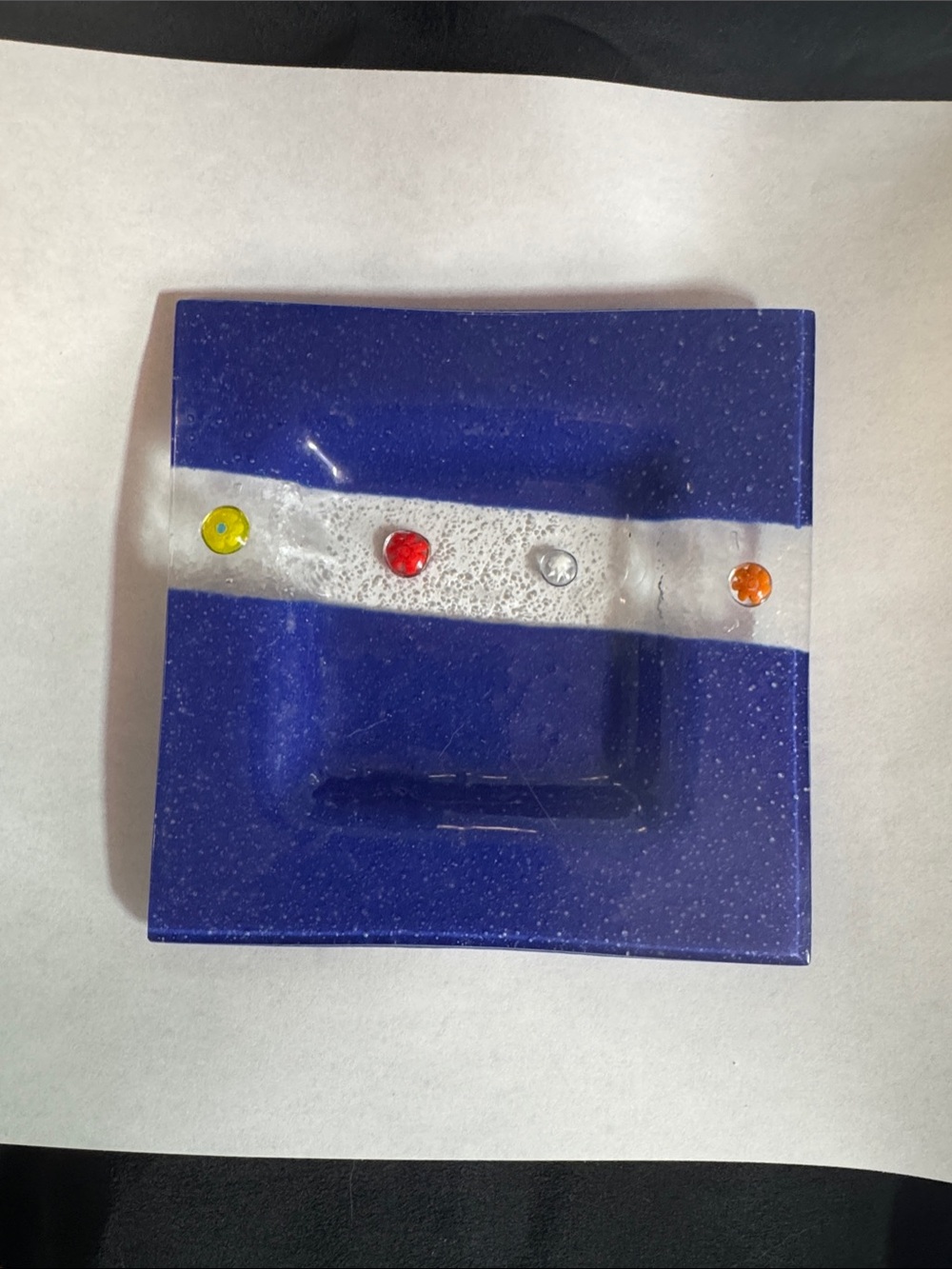 Blue Fused Murano Glass Decorative Dish with Colored Accent Dots